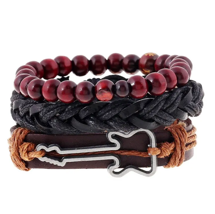 Men's fashion beaded leather bracelet with anchor charm and channel setting, easy hook closure