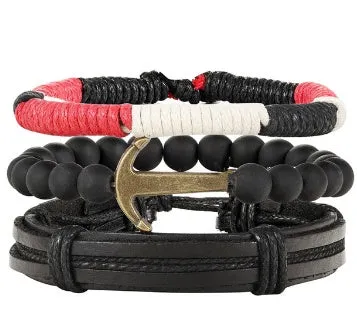 Men's fashion beaded leather bracelet with anchor charm and channel setting, easy hook closure