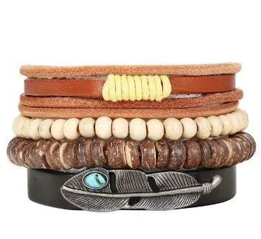 Men's fashion beaded leather bracelet with anchor charm and channel setting, easy hook closure