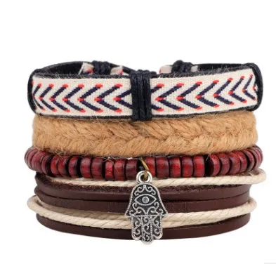 Men's fashion beaded leather bracelet with anchor charm and channel setting, easy hook closure