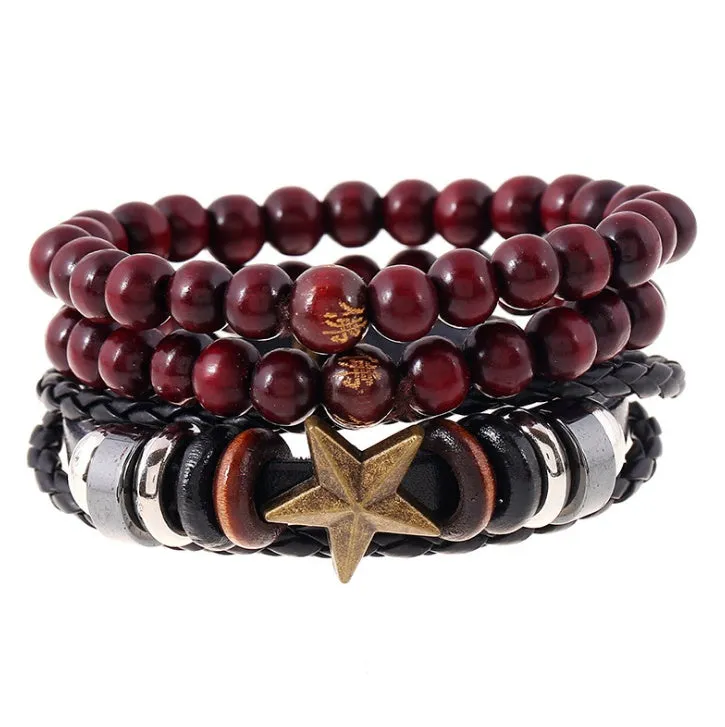Men's fashion beaded leather bracelet with anchor charm and channel setting, easy hook closure