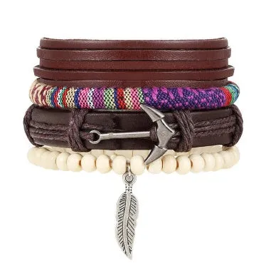Men's fashion beaded leather bracelet with anchor charm and channel setting, easy hook closure