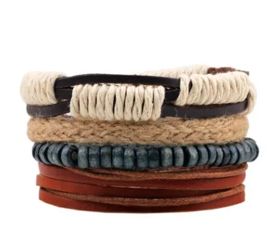 Men's fashion beaded leather bracelet with anchor charm and channel setting, easy hook closure
