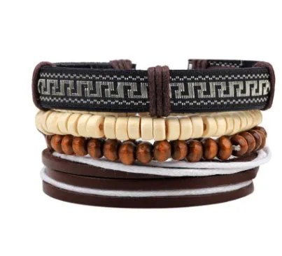 Men's fashion beaded leather bracelet with anchor charm and channel setting, easy hook closure