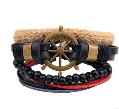 Men's fashion beaded leather bracelet with anchor charm and channel setting, easy hook closure