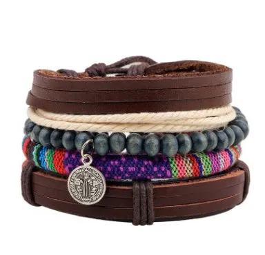 Men's fashion beaded leather bracelet with anchor charm and channel setting, easy hook closure