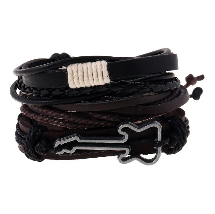 Men's fashion beaded leather bracelet with anchor charm and channel setting, easy hook closure