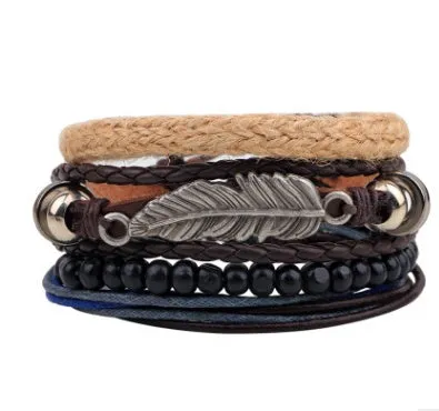 Men's fashion beaded leather bracelet with anchor charm and channel setting, easy hook closure