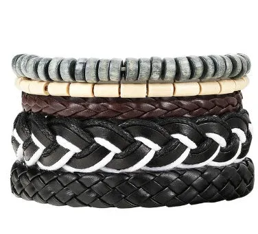 Men's fashion beaded leather bracelet with anchor charm and channel setting, easy hook closure