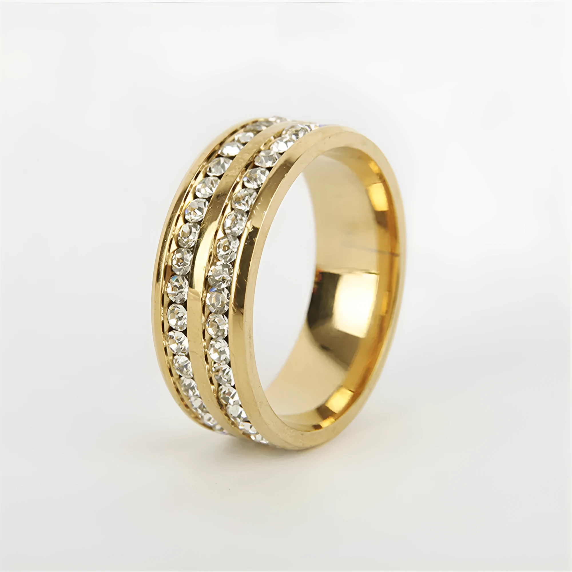 Stainless steel geometric couple ring with diamond-cut finish and alloy inlaid gems, men's and women's styles available in sizes 6-13