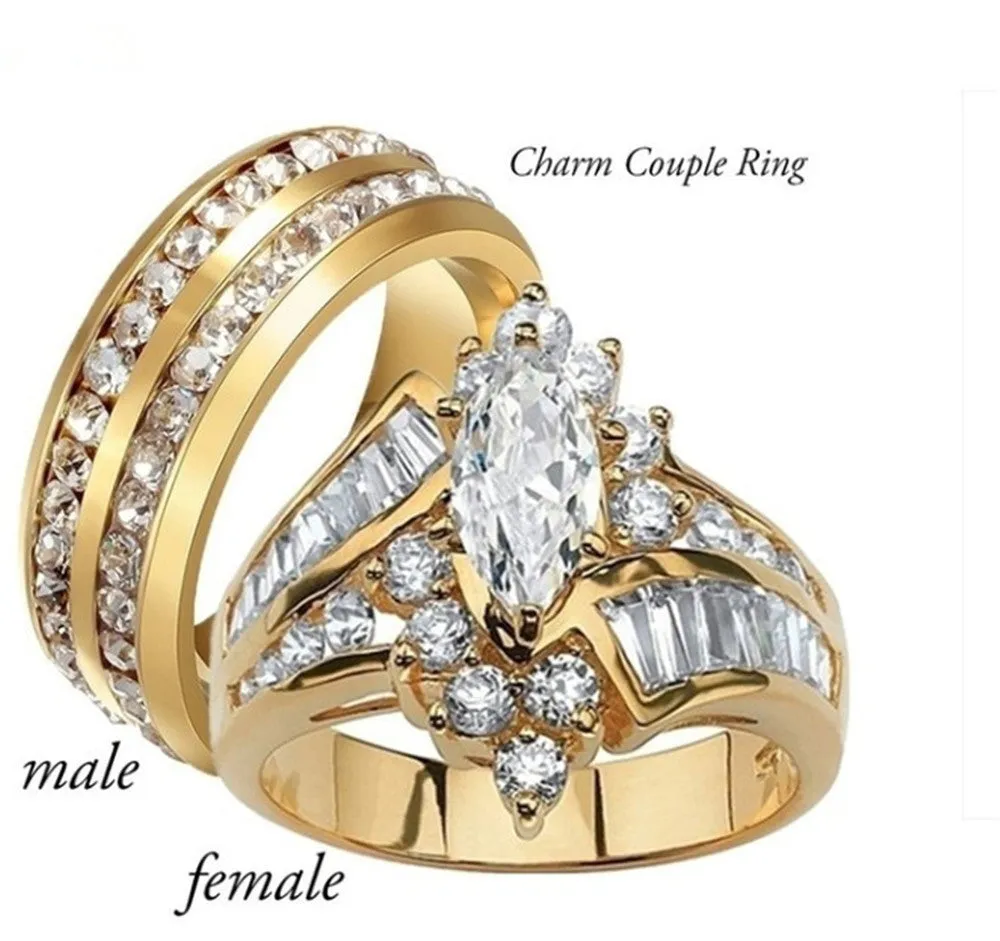 Stainless steel geometric couple ring with diamond-cut finish and alloy inlaid gems, men's and women's styles available in sizes 6-13
