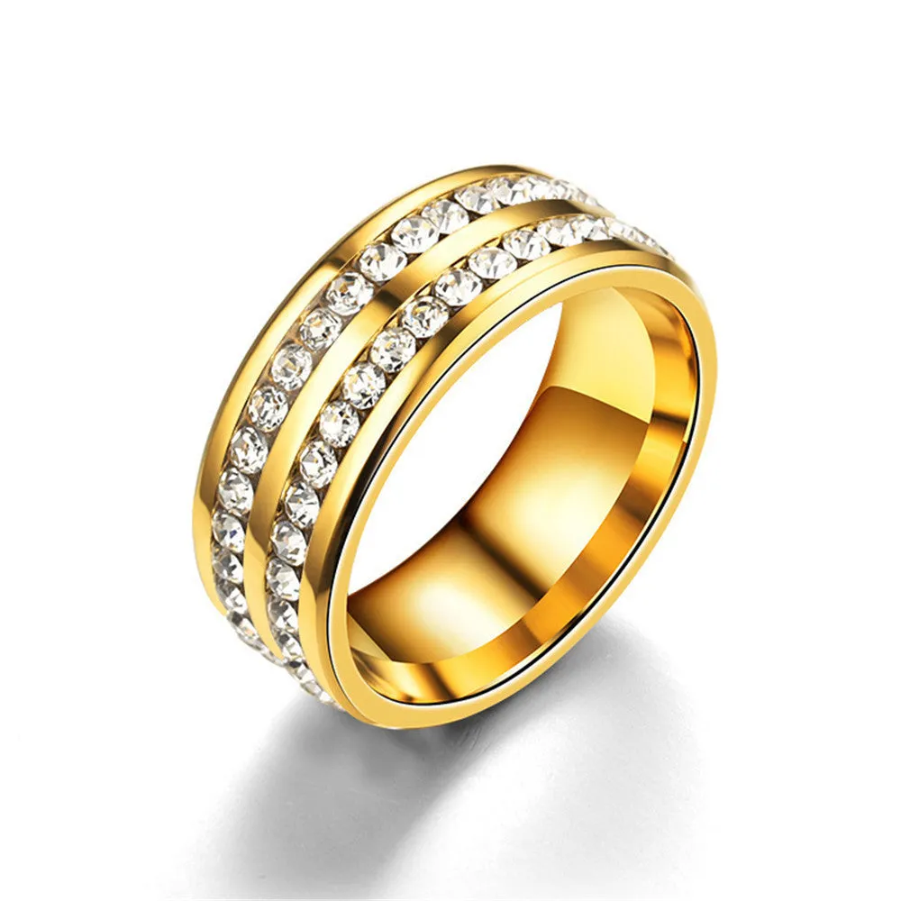 Stainless steel geometric couple ring with diamond-cut finish and alloy inlaid gems, men's and women's styles available in sizes 6-13