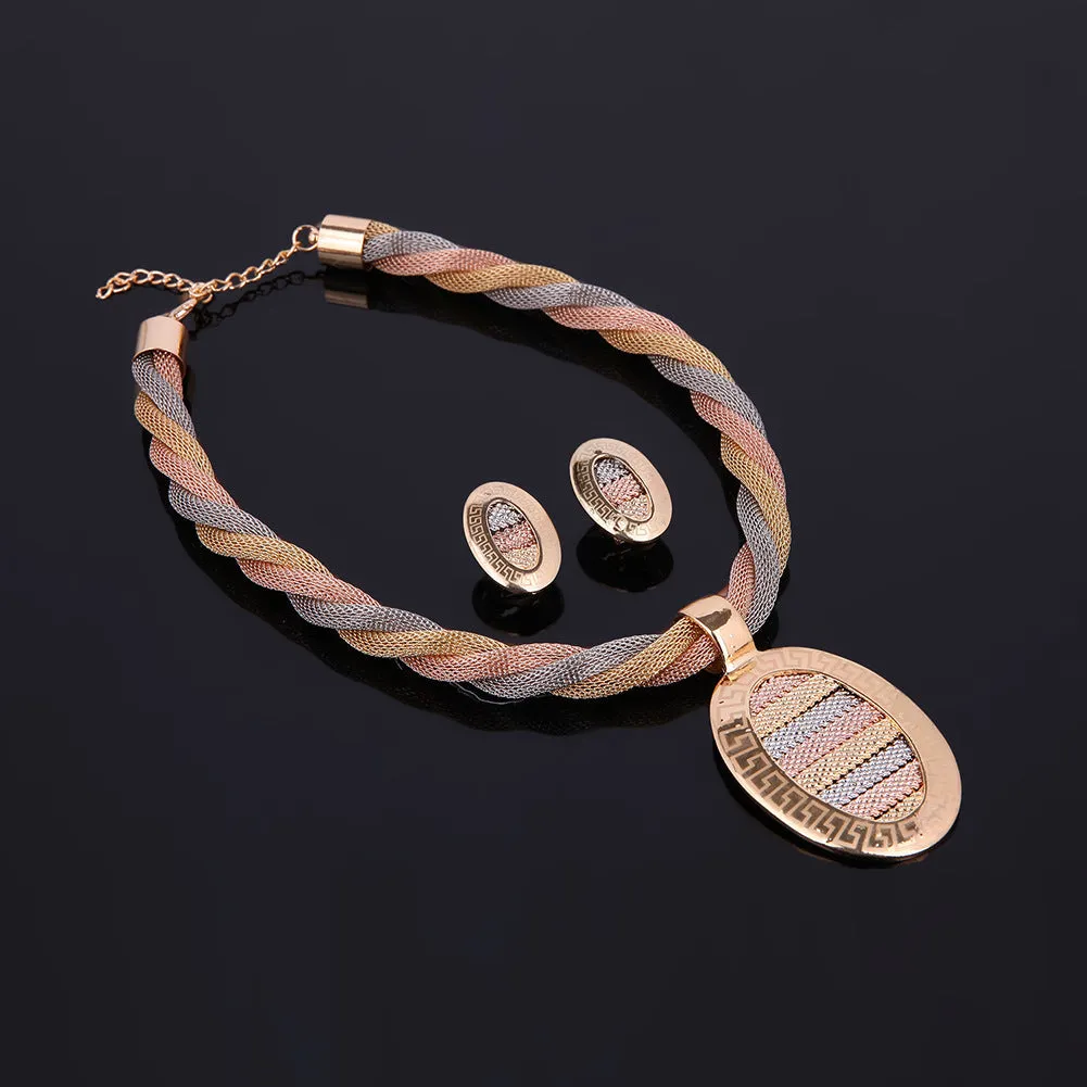 Four-piece jewellery set necklace earrings bracelets alloy artificial gems 18K gold colour square pendant