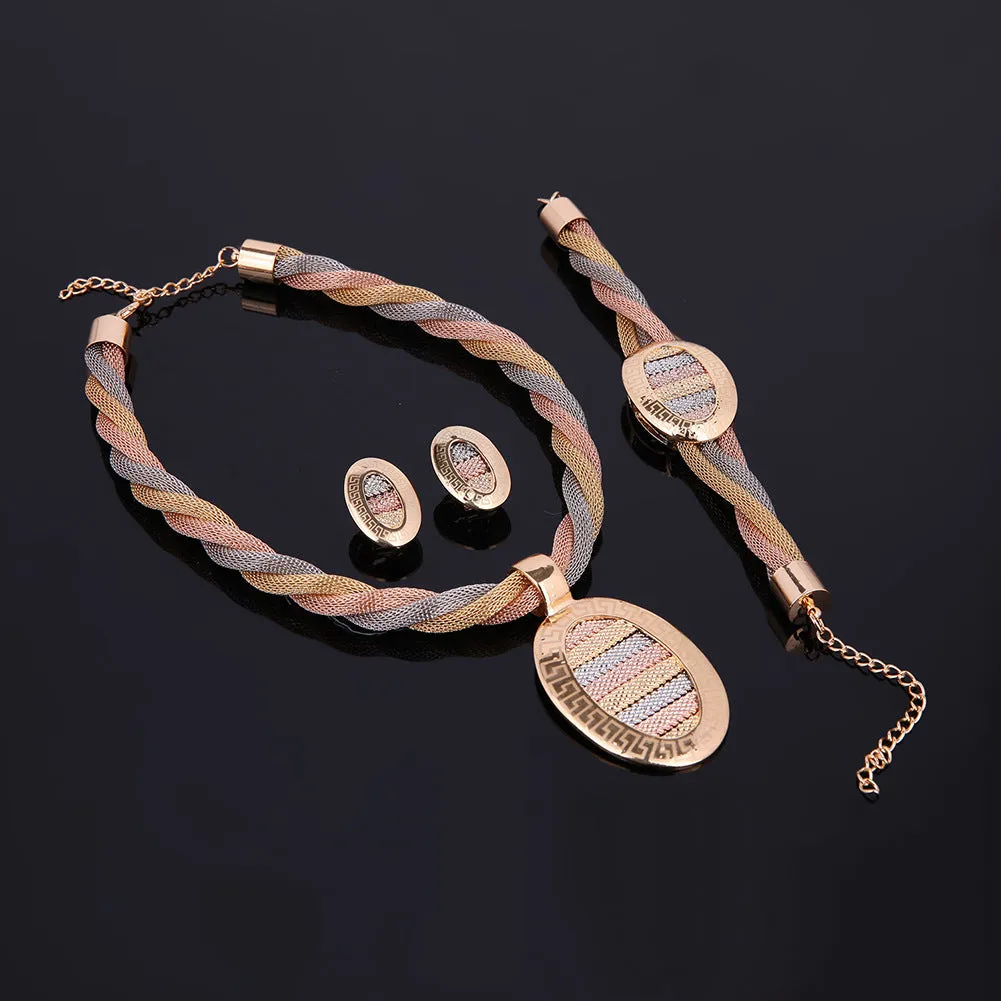 Four-piece jewellery set necklace earrings bracelets alloy artificial gems 18K gold colour square pendant