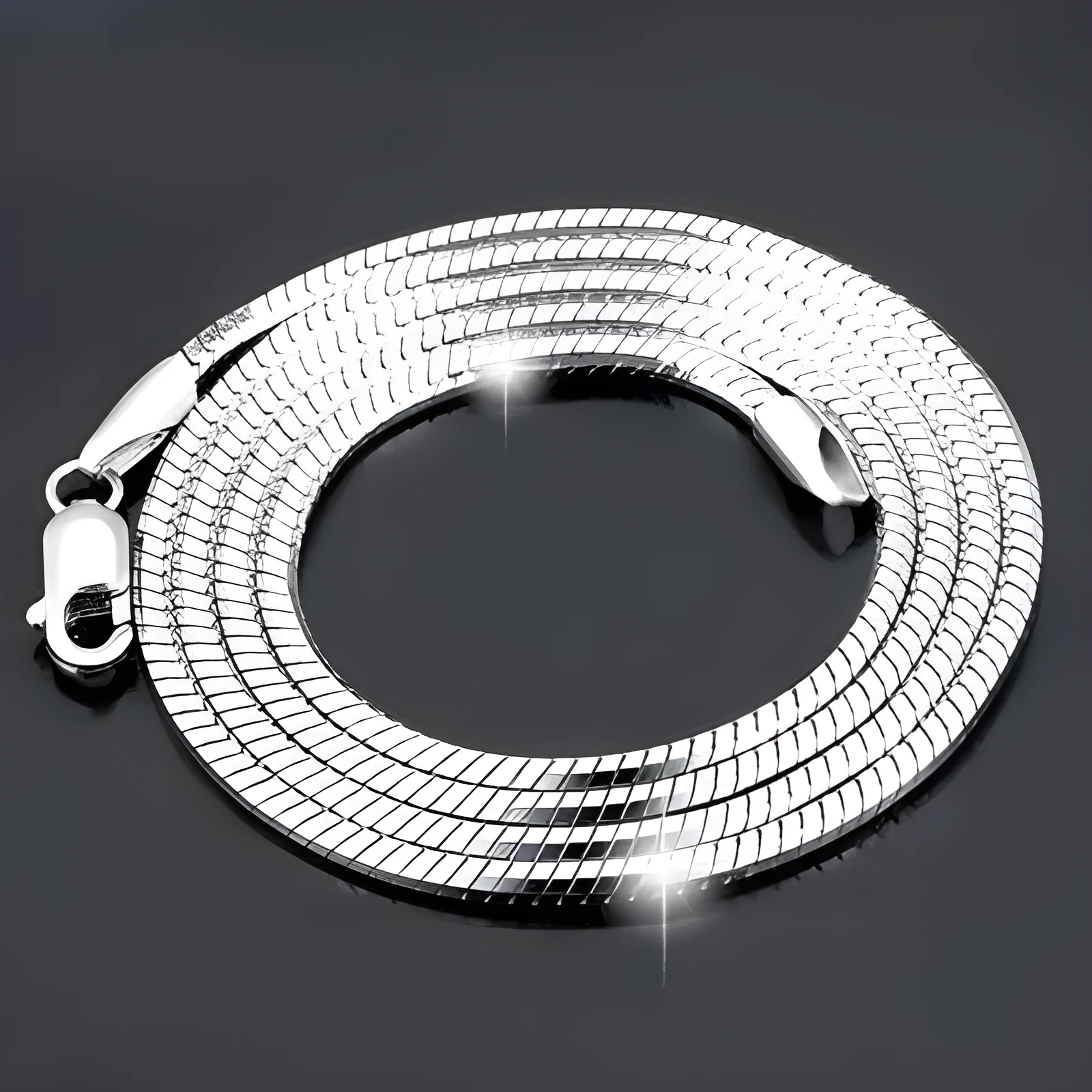 Sterling silver plated platinum necklace chain on display showing width and length options for men and women