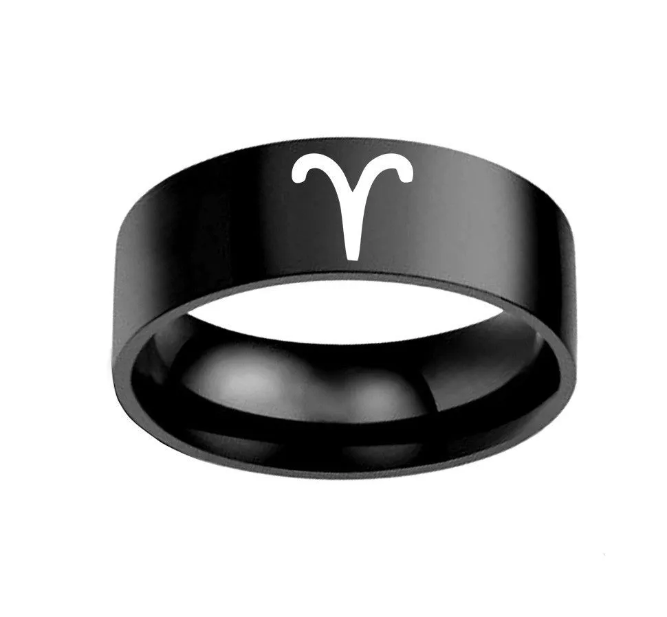 Stainless steel twelve constellation ring on display showing 8MM width band