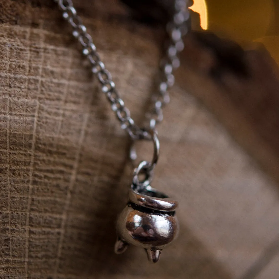 Silver Halloween wizard pendant necklace with witchs cauldron shape and 60cm chain