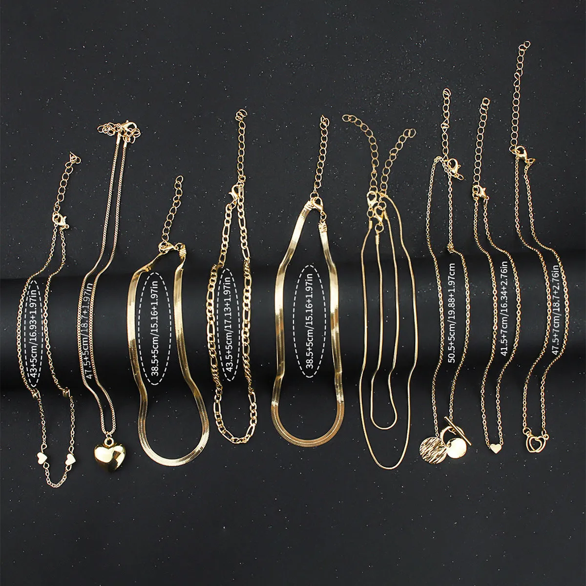 Gold electroplated women's necklace set with 10 pieces and adjustable snake bones chain