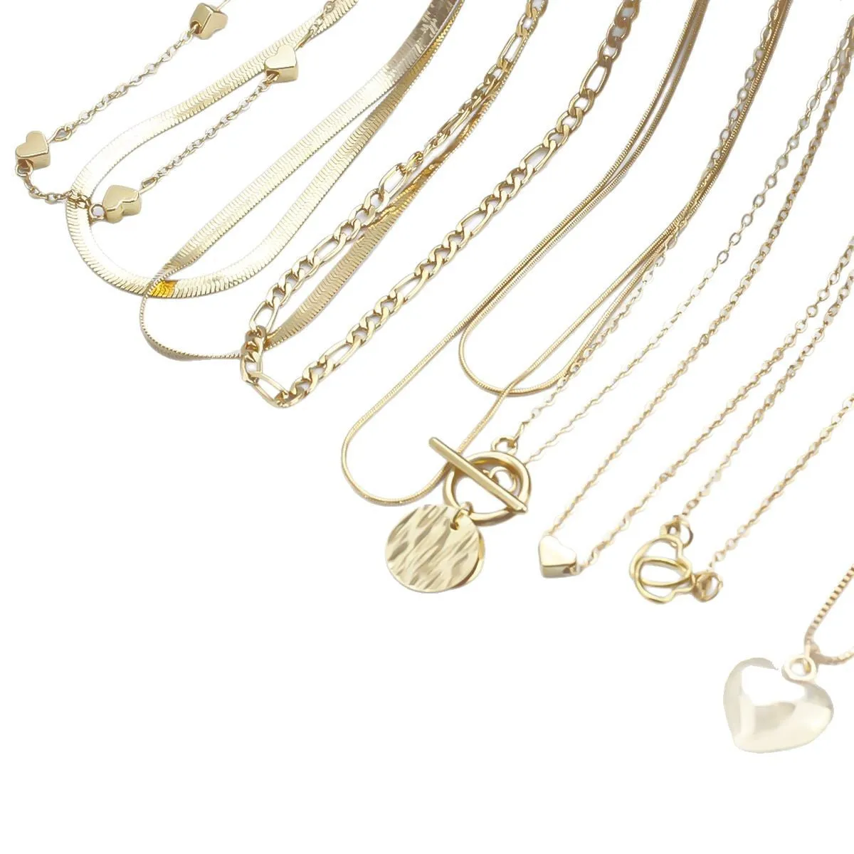Gold electroplated women's necklace set with 10 pieces and adjustable snake bones chain