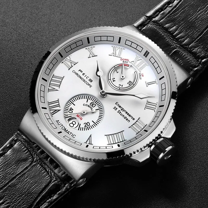 Automatic mechanical watch for men with black silicone band, luminous dial, and stainless steel watch bottom