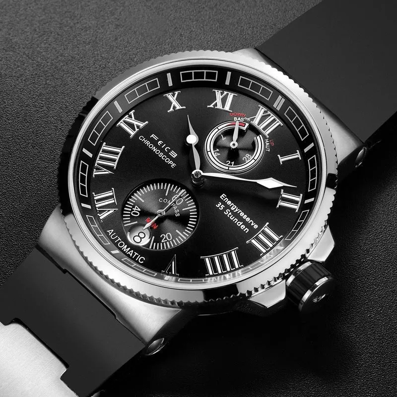 Automatic mechanical watch for men with black silicone band, luminous dial, and stainless steel watch bottom