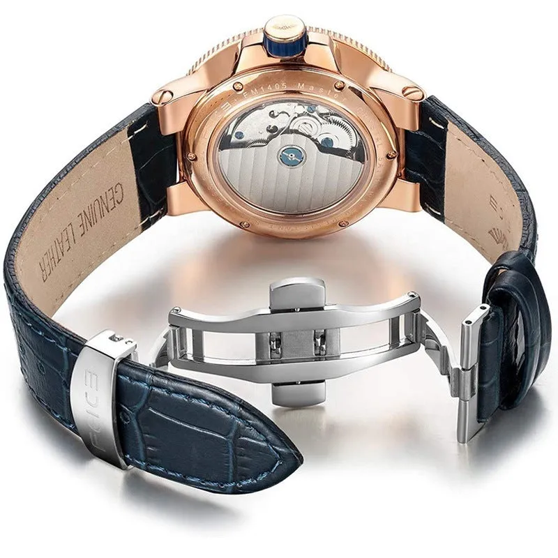Automatic mechanical watch for men with black silicone band, luminous dial, and stainless steel watch bottom