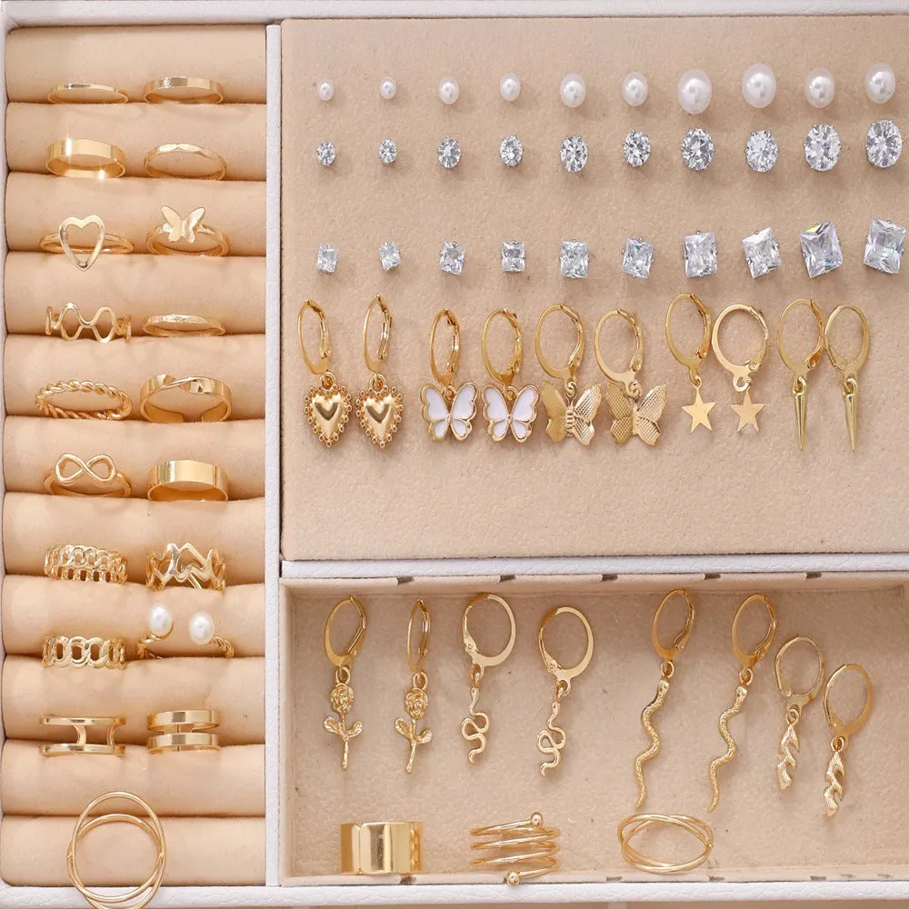 108-piece assortment of gold and yellow alloy stud earrings with geometric shapes and round pearls.