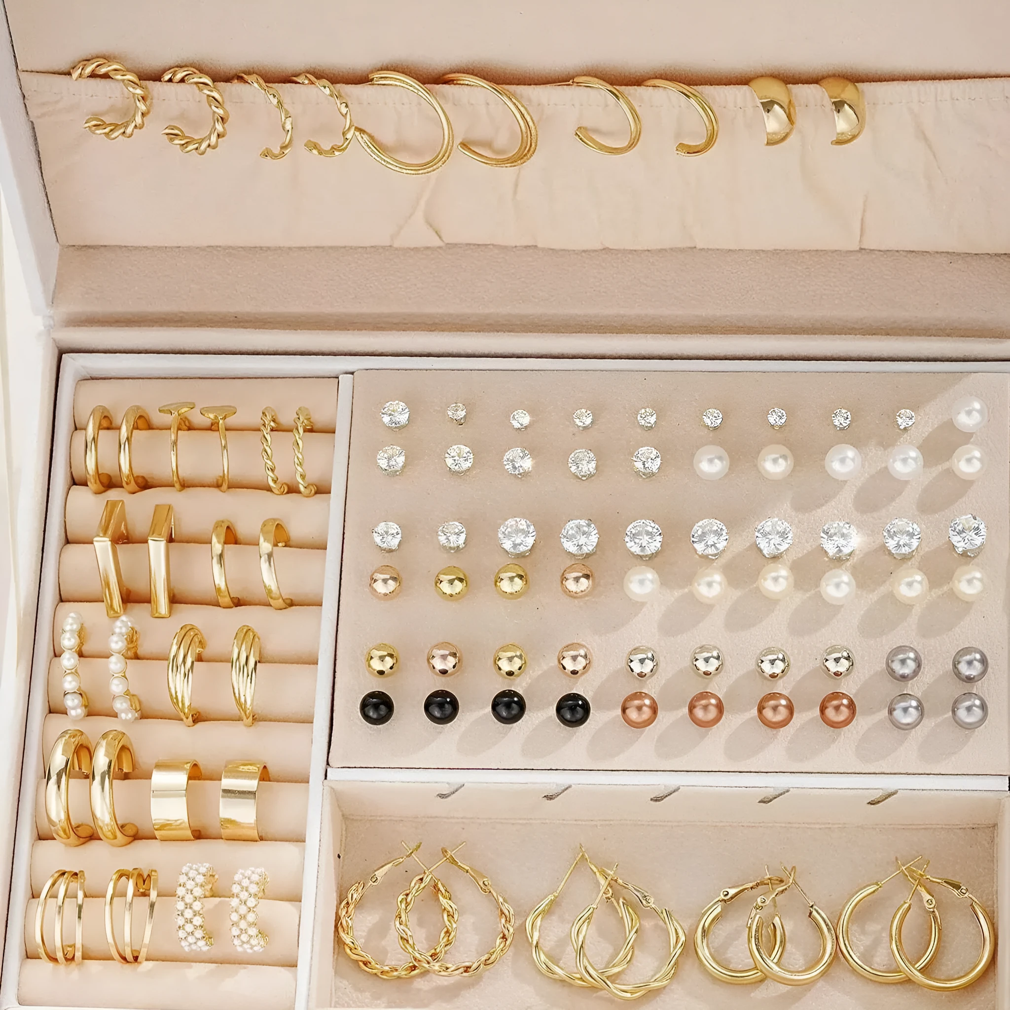 108-piece assortment of gold and yellow alloy stud earrings with geometric shapes and round pearls.