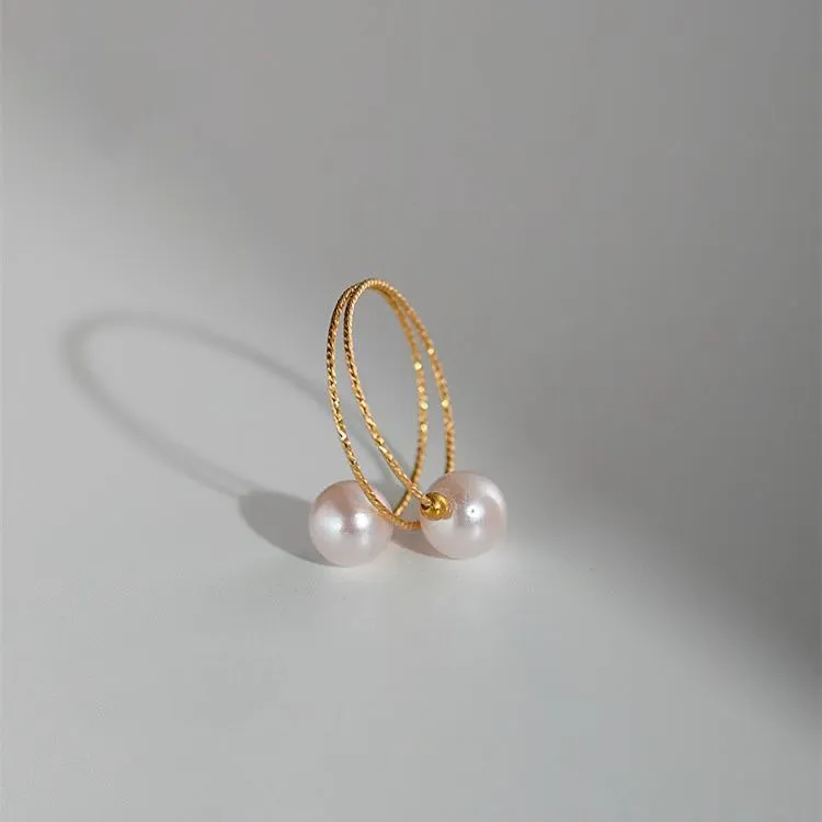18k gold pearl elastic ring Au750 with white pearl inlay, adjustable band, women's jewellery