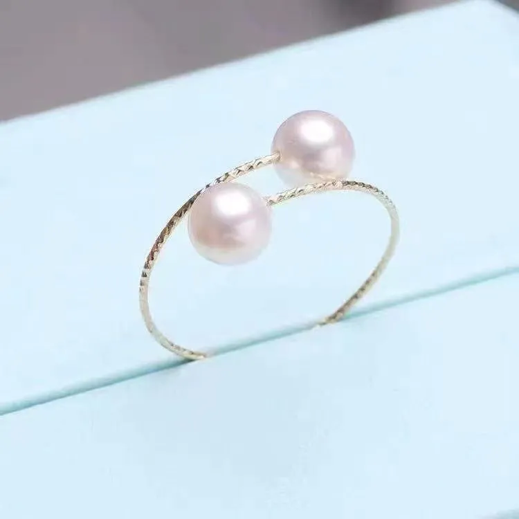 18k gold pearl elastic ring Au750 with white pearl inlay, adjustable band, women's jewellery