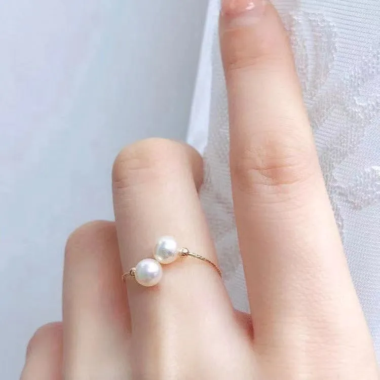 18k gold pearl elastic ring Au750 with white pearl inlay, adjustable band, women's jewellery