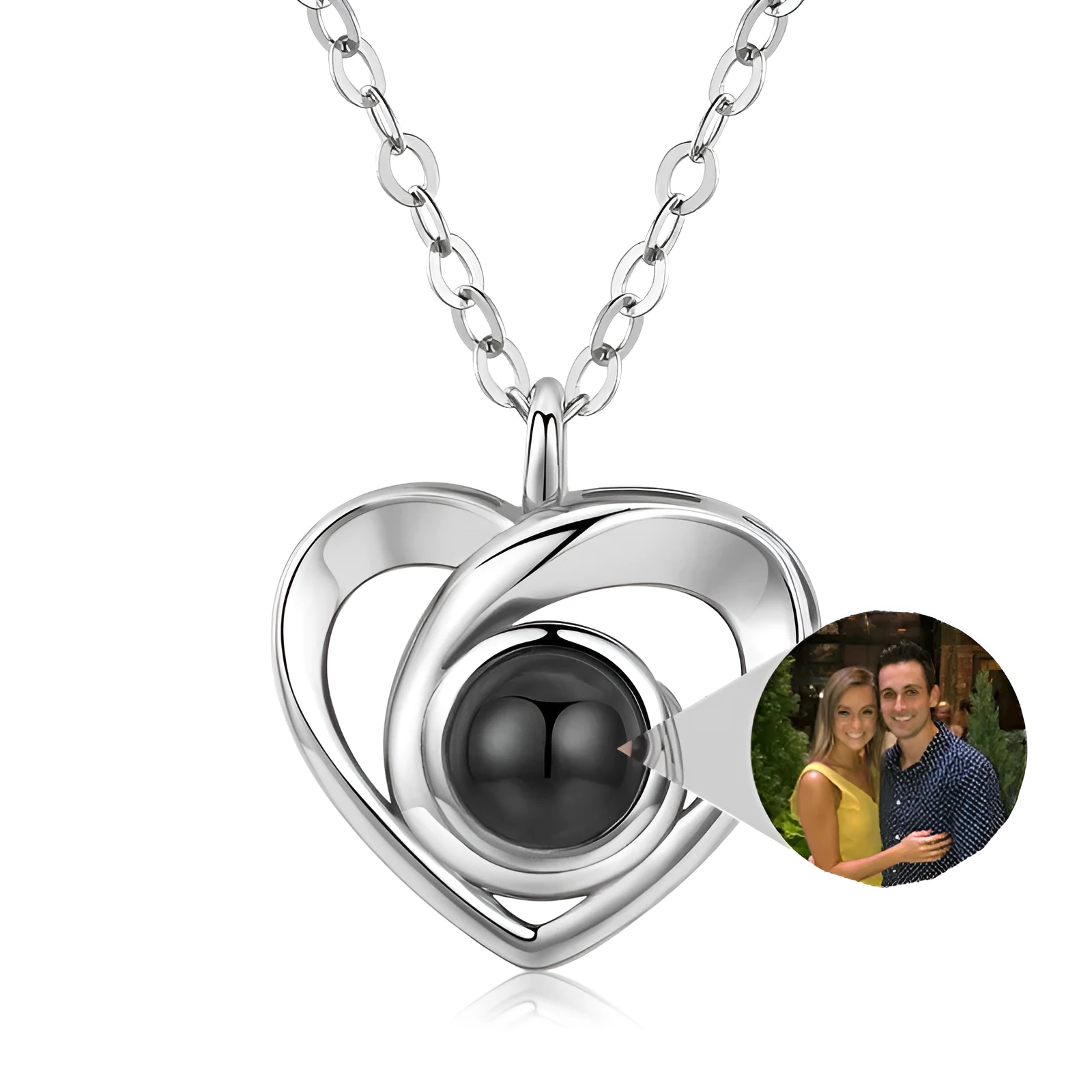 S925 silver heart shaped photo projection pendant necklace with silver finish on white background