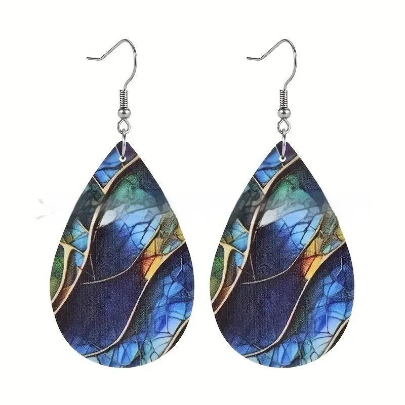 Acrylic flat branch knot drop earrings with printed surface design in Style 1 and Style 2 colour variations
