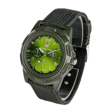 Cloth belt woven military quartz watch with 40.5mm round alloy case and textile strap, available in multiple colours