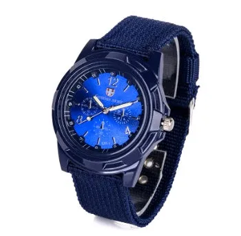Cloth belt woven military quartz watch with 40.5mm round alloy case and textile strap, available in multiple colours
