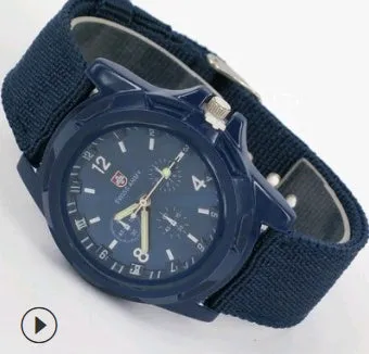Cloth belt woven military quartz watch with 40.5mm round alloy case and textile strap, available in multiple colours