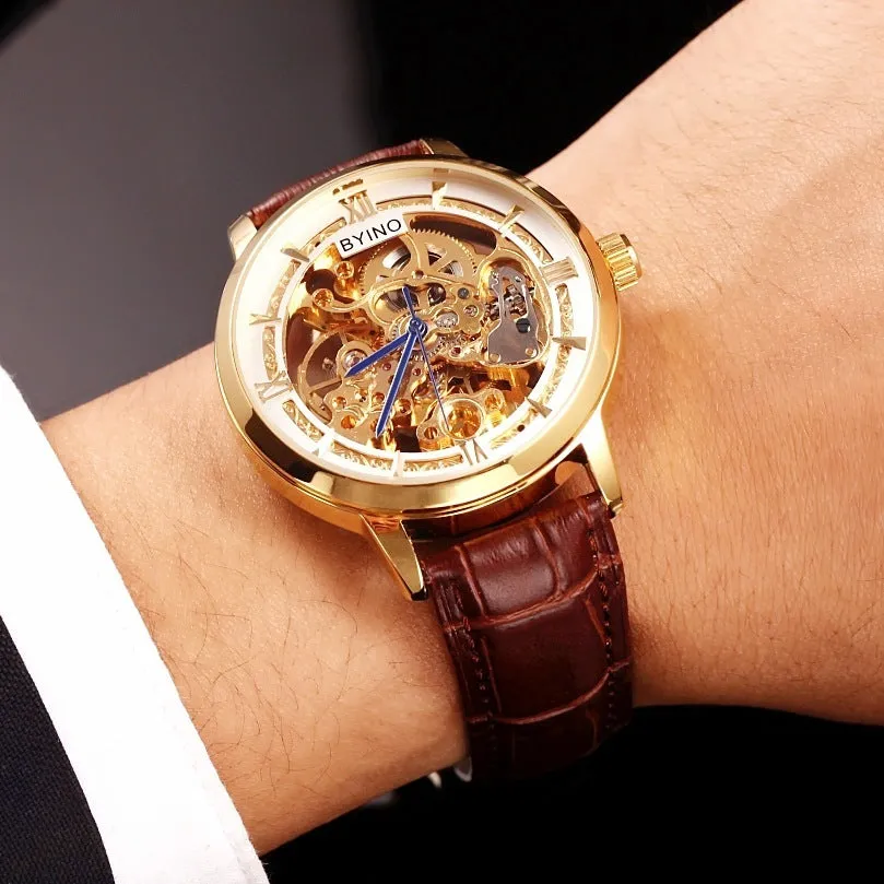 Men's automatic mechanical watch with leather hollow strap and waterproof design, casual style