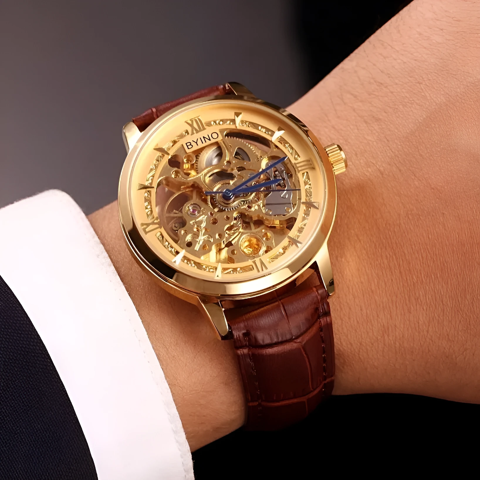 Men's automatic mechanical watch with leather hollow strap and waterproof design, casual style