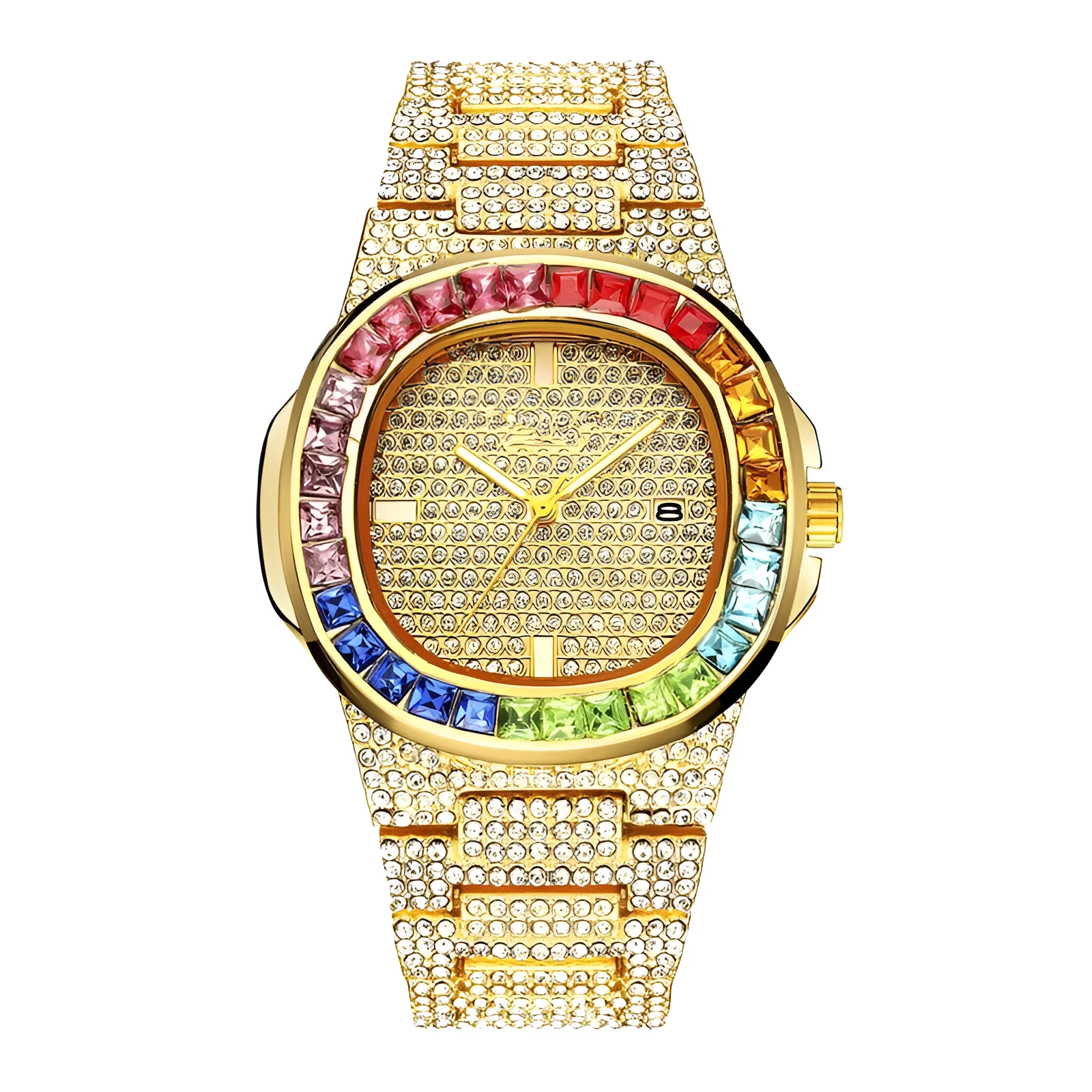 Square diamond watch for men with alloy strap and quartz movement