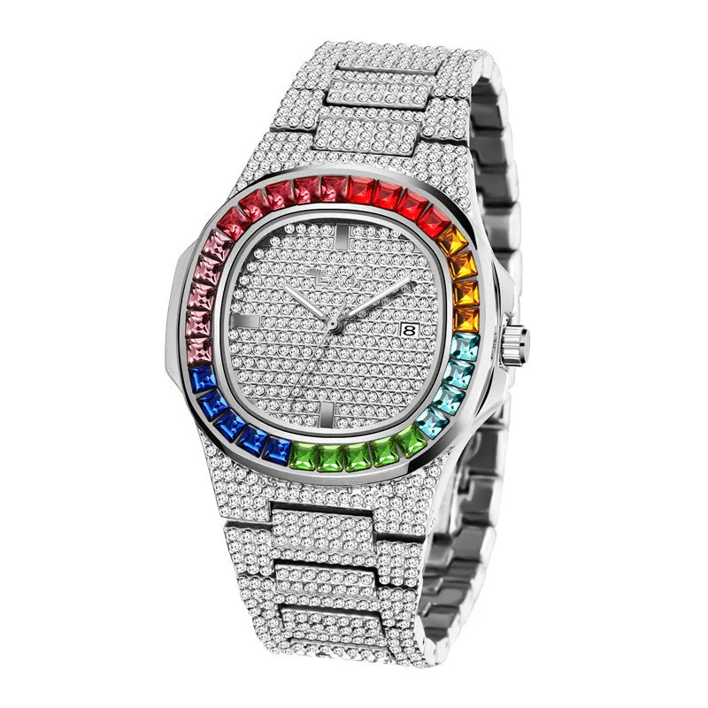 Square diamond watch for men with alloy strap and quartz movement