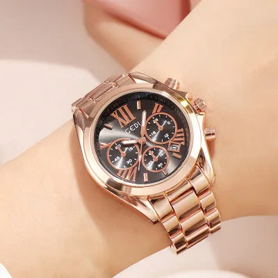 Luxury rose gold women casual watch with steel strap, 35mm dial, on a wrist