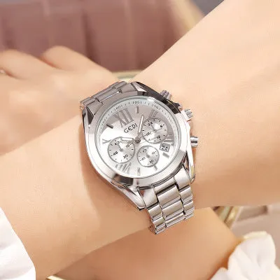 Luxury rose gold women casual watch with steel strap, 35mm dial, on a wrist