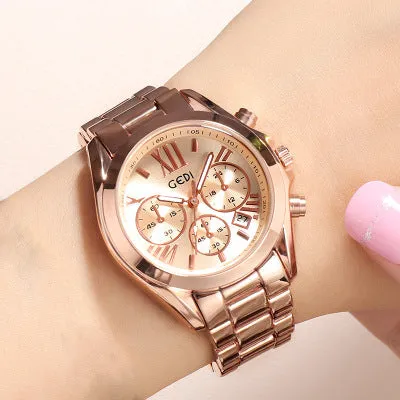 Luxury rose gold women casual watch with steel strap, 35mm dial, on a wrist