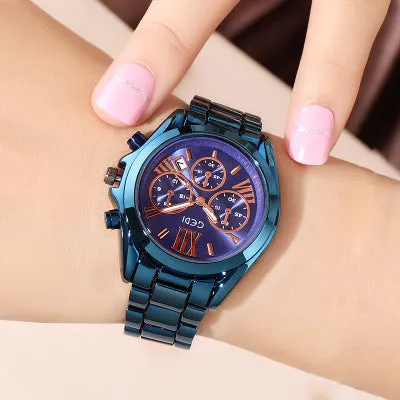 Luxury rose gold women casual watch with steel strap, 35mm dial, on a wrist