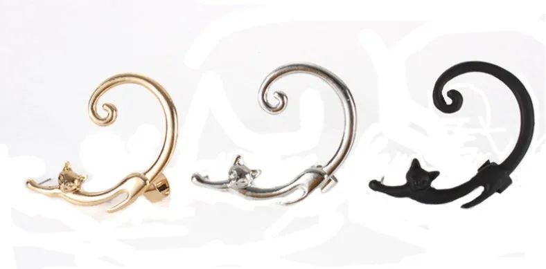 Punk cat post earring with ear cuff in black, close-up on alloy electroplated stud