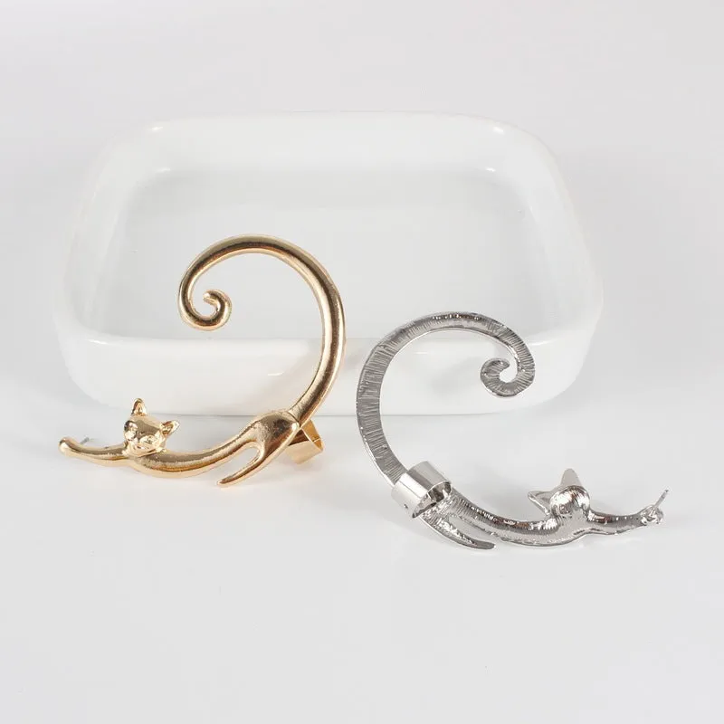 Punk cat post earring with ear cuff in black, close-up on alloy electroplated stud