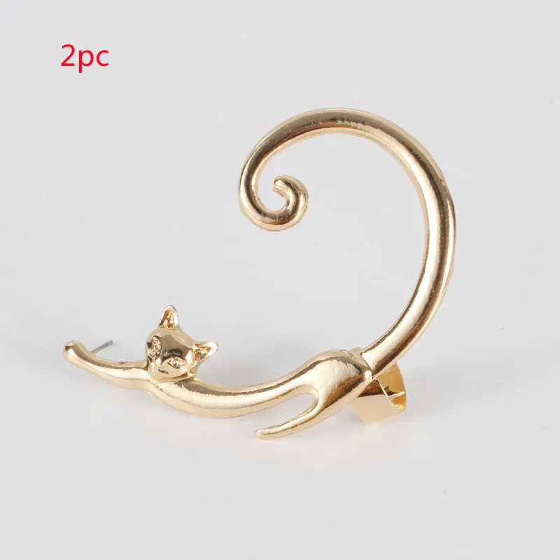 Punk cat post earring with ear cuff in black, close-up on alloy electroplated stud