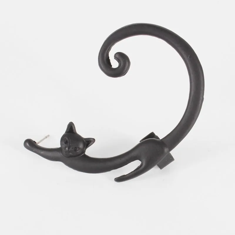 Punk cat post earring with ear cuff in black, close-up on alloy electroplated stud