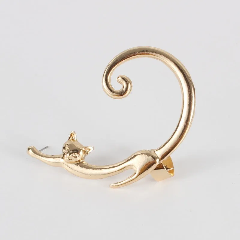 Punk cat post earring with ear cuff in black, close-up on alloy electroplated stud
