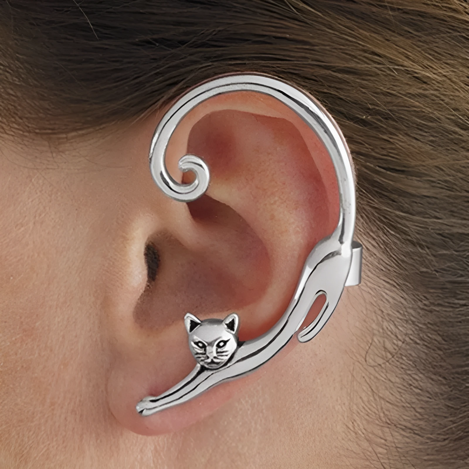 Punk cat post earring with ear cuff in black, close-up on alloy electroplated stud